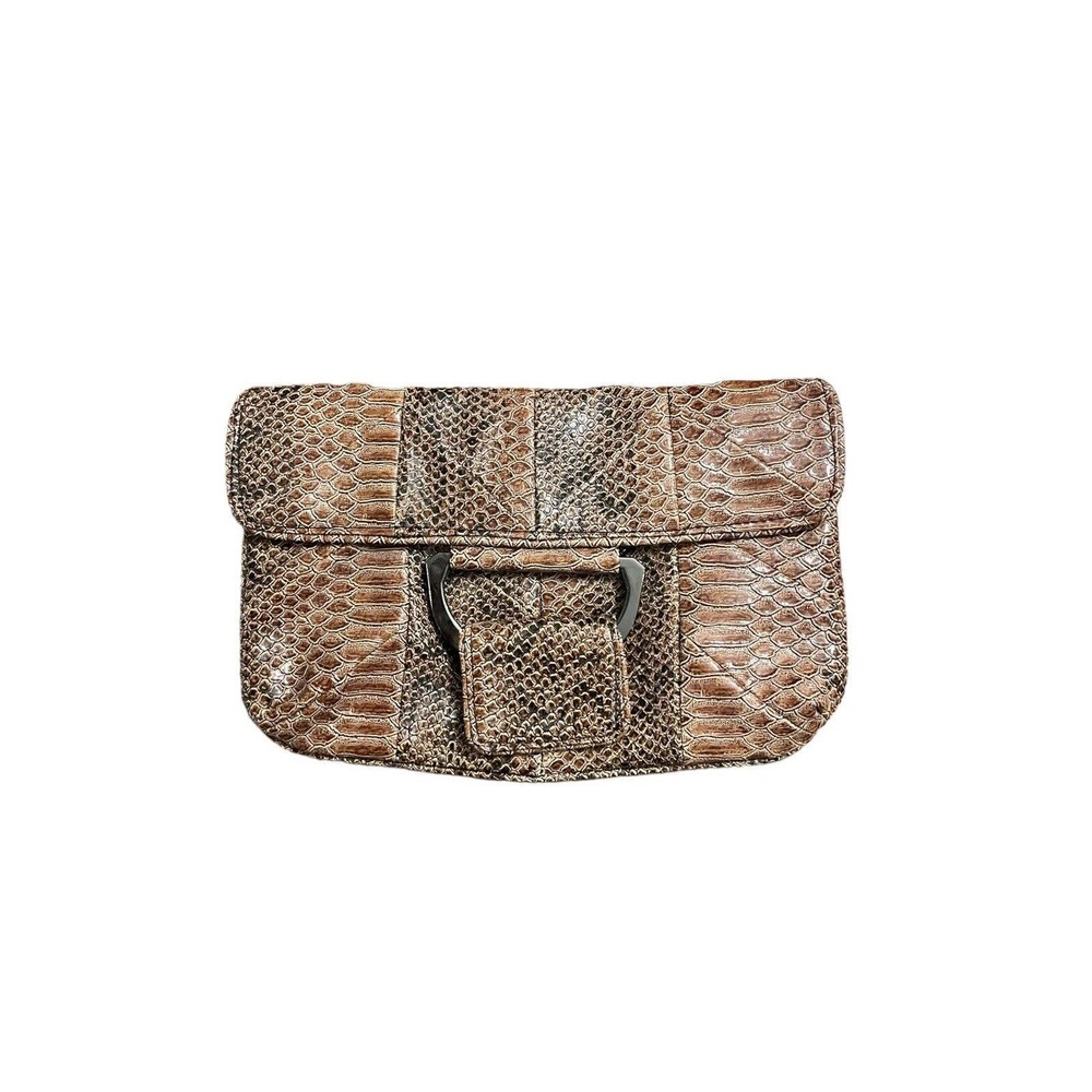 BCBGeneration Brown Patent Faux Snakeskin Envelope Clutch Purse Evening Bag EUC